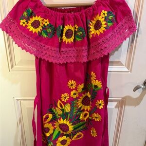 Pink Sunflower Mexican Embroidered Dress Size Large But fits like a Medium